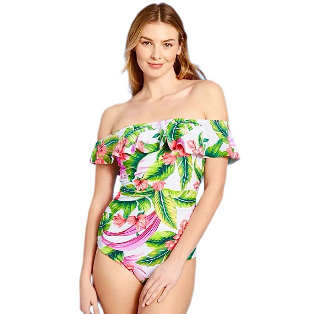 Kona Sol Tropical Floral One Piece Swimsuit - Green and Pink